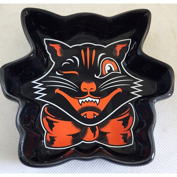 CANDY/TRINKET DISH-SOURPUSS-Black-Orange Cat-Display-Ashtray-Small - Picture 1 of 8